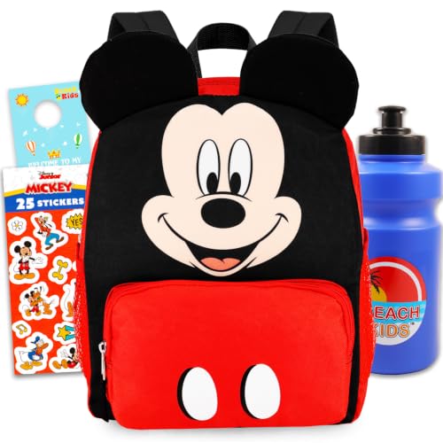 Disney Mochila Mickey Mouse para crianças pequenas – Pacote com mini mochila de luxo de 30,5 cm com orelhas 3D Plus adesivos, garrafa de água, mais | Conjunto de material escolar Mickey