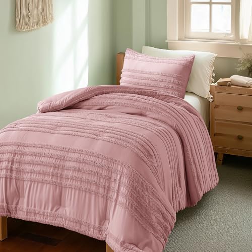 Image of BEDELITE Boho Twin /Twin XL Comforter Set,Dusty Pink Tufted Striped Bed Set 2 Pieces, Soft Vintage Farmhouse Comforter for College, Boho Home Dorm Decor, Fluffy Jacquard Bedding with 1 Pillow Sham