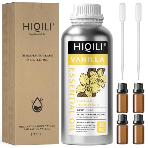 Image of HIQILI Vanilla Essential Oil Bulk, Strong Scent for Candle Soap Making | Fragrance for Diffuser, Perfume, SPA, Making Spray, Skin Care, Add to Shampoo, Body Lotion - 1000 mL / 32 fl oz