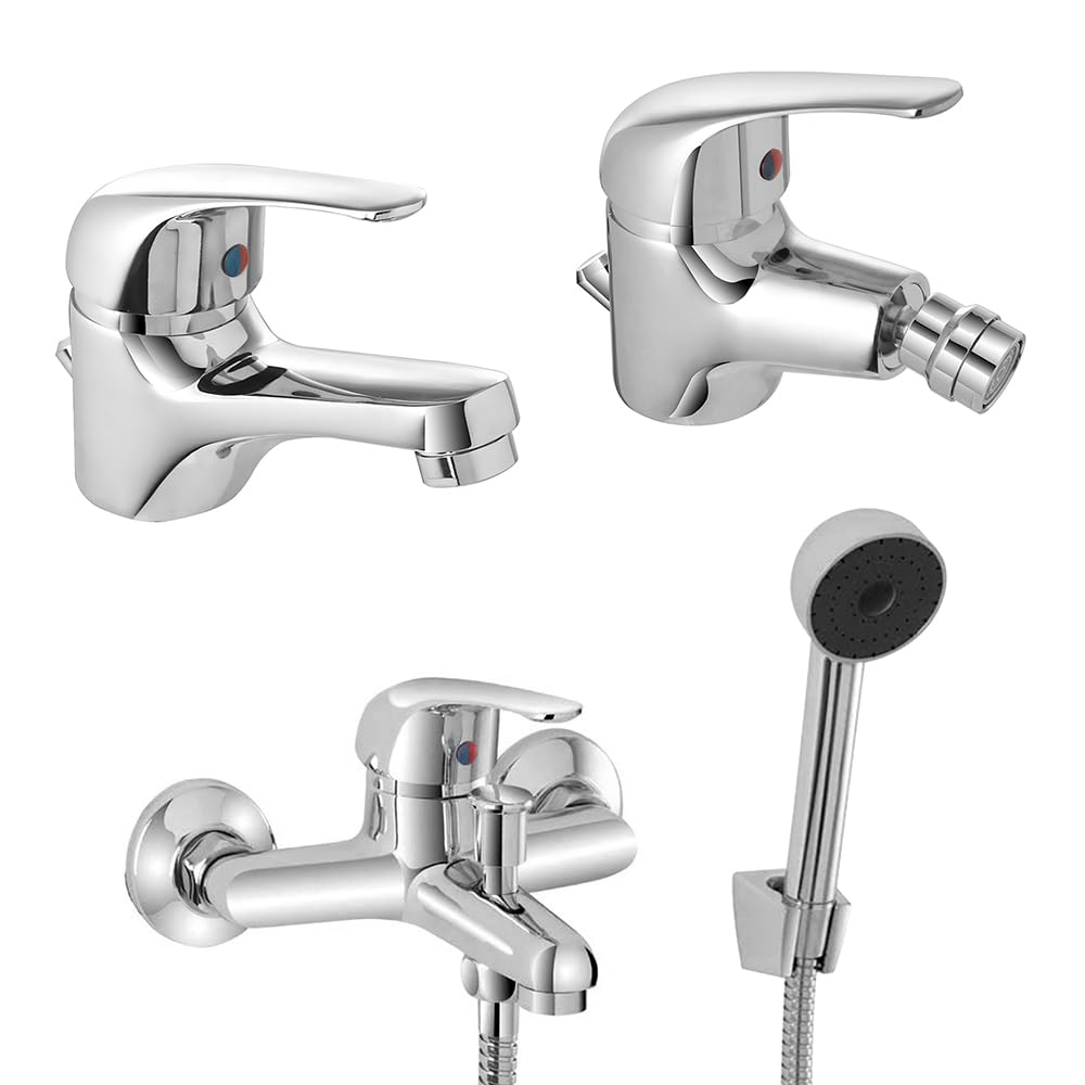 Set rubinetti bagno in ottone cromato lavabo bidet e vasca con kit doccia, scarico automatico incluso per lavabo e bidet, serie KANT