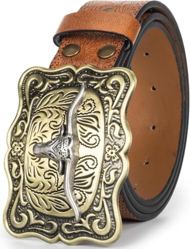 Image of UTOWO Western PU-Leather Cowboy Buckle Belt for Men and Women Jeans Engraved Floral Longhorn Bull Buckle Belt (25-38 inch waist)