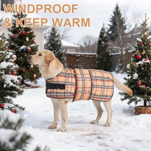 Image of BEAUTYZOO Dog Winter Coat for Large Dogs, Waterproof Oxford Canvas Jackets | Warm Fleece Great Dane Sweater, Reflective Cold Weather Coats, Windproof Blanket Clothes for Female Male, Khaki Plaid L