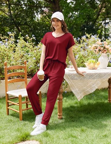 Image of Ekouaer Lounge Sets for Women 2 Piece Pajamas Short Sleeve Tops and Long Pants Jogger Pjs Tracksuit Set,Wine,XXL