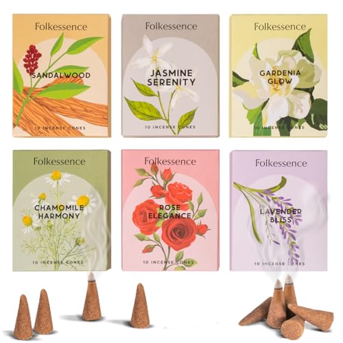 Folkulture Räucherkerzen- Set of 6 (120 Incense Cones) Zur Entspannung | Duftsets mit Rose Kamille Jasmin Lavendel und Sandelholz Räucherkegel-Sortiment