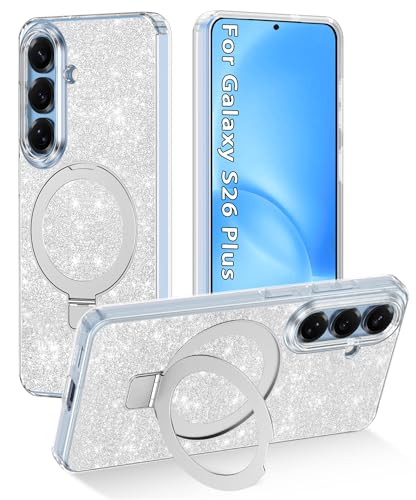 Shecaset Magnetic for Galaxy S26 Plus Case with Invisible Ring Stand[Compatible with MagSafe] Full Body Slim Women Girl Shockproof Marble Pattern Design Case for Samsung Galaxy S26 Plus,Glitter Clear - image 1