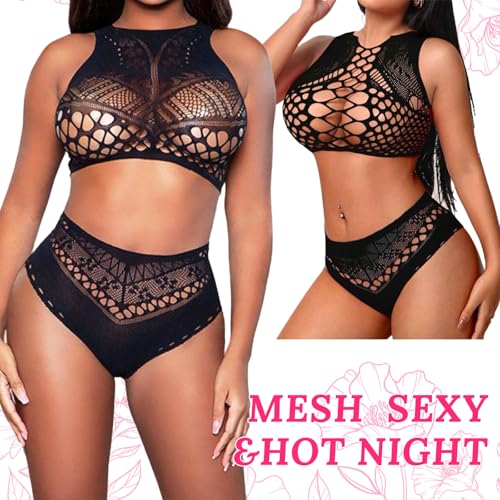 Telooco Netz Desouses für Frauen Sexy Schwarz Unterwäsche Set Netzoberteil Shorts Kleidung Gothic Karneval Festival Outfit Dessous-Sets Bauchfreies Top Netz Sexy Unterwäsche für Frau Damen