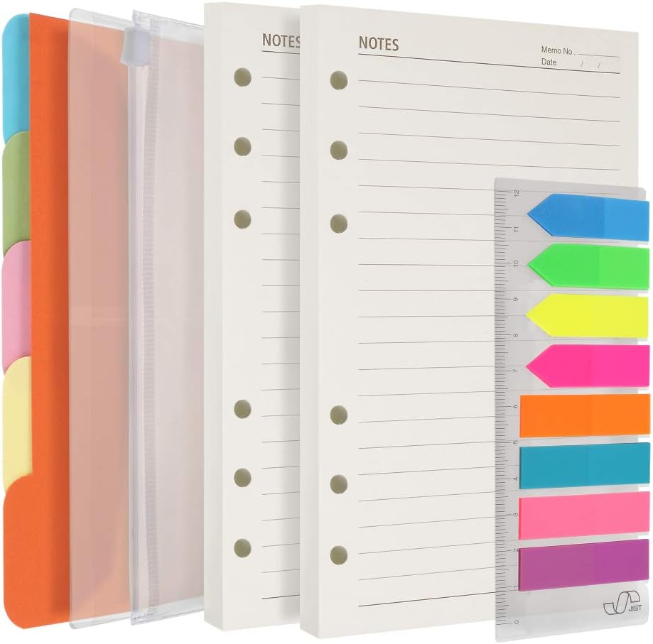 A6 Refill Paper, 2 Pack 200 Lined Pages, 5 Colored Binder Dividers, 160 PCS Sticky Index Tabs with Ruler, 2 PCS Binder Pockets for Refillable Journal Notebook Planner Organizer