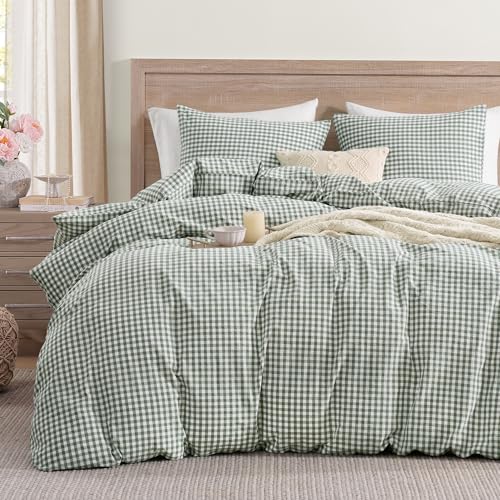 Image of Andency Sage Green Gingham Duvet Cover Queen, 100% Wash Cotton Linen Like Textured Breathable Comforter Cover Set, 3 Piece Classic Yarn-Dyed Checkered Plaid Bedding Set, 90 inch*90 inch