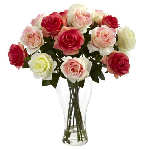 Nearly Natural Artificial Blooming Roses with Vase 18