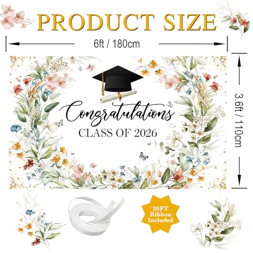 Avezano Wildflower Graduation Backdrop Watercolor Floral Class of 2026 Graduation Decorations Congrats Grad Graduation Banner 70.8 x 43.3 Inch