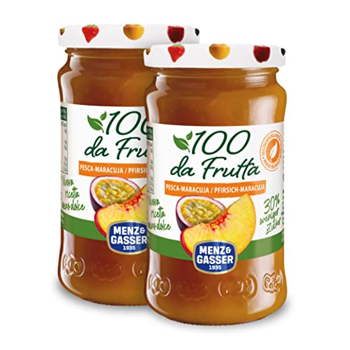Menz&Gasser, Composta di Pesca e Maracuja 100Dafrutta, 100% Frutta IQF di Alta Qualità, Lavorata con Passione in Trentino-Südtirol, Senza Glutine, Vegan, 2 Vasi x 240 g