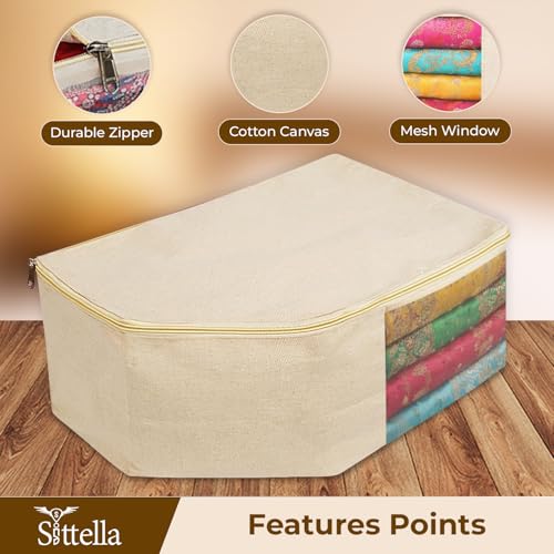 Image of SITTELLA Pack of 3 Cotton Canvas Saree & Blouse Covers with Zip | 17 x 14 x 7 Inch Clothes Storage Bags for Sarees, Dresses & Lehengas | Wardrobe Organizer