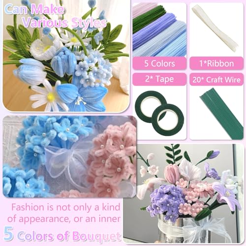 Image of 400 Pcs Pipe Cleaners Craft, 5 Assorted Colors Pipe Cleaners Bulk | Chenille Stems for DIY Flower Making Kit with Floral Wires, Gardening Tape,Stamen& Ribbon (Colorful)