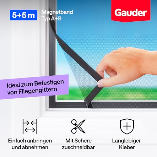 GAUDER Typ A + B Magnetband stark selbstklebend I Magnetstreifen | Magnetband für Fliegengitter & Vorhänge (5 m + 5 m)
