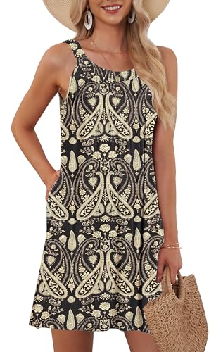 AUSELILY Women's Beach Cover Up Dress Casual Vacation Summer Dresses for Women with Pockets Boho Floral Black S