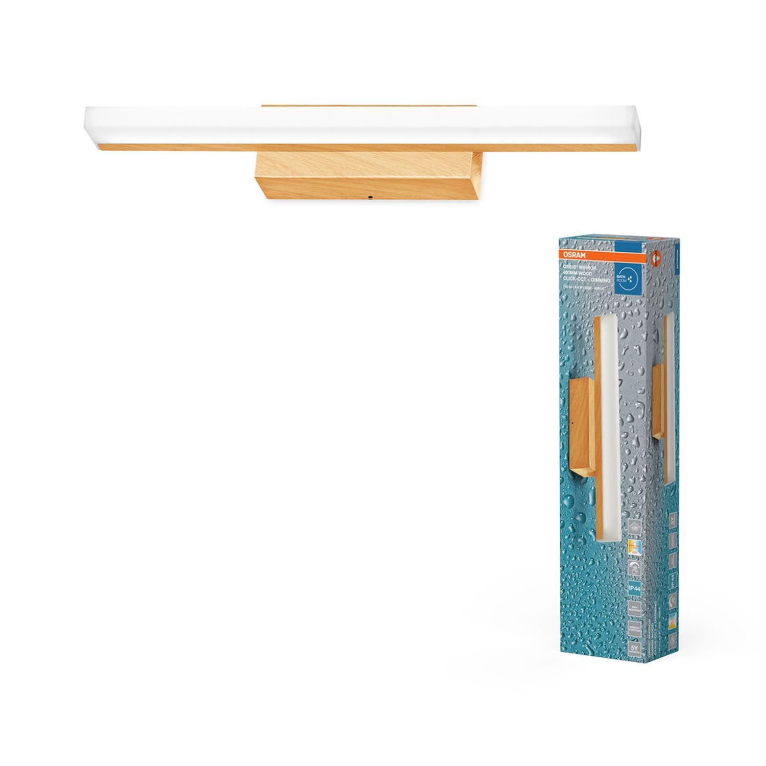 Licht-Erlebnisse LED Spiegelleuchte Aluminium Holz 3000-4000 K Touch dimmbar Click-CCT IP44 modern WC Flur Gästezimmer L:40 cm Wandlampe Badezimmer