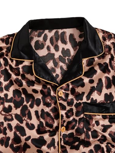 Men's 2 Piece Leopard Print Satin Pajama Sets Short Sleeve Button Up Shirt and Shorts Pjs Sleepwear Lounge Set3