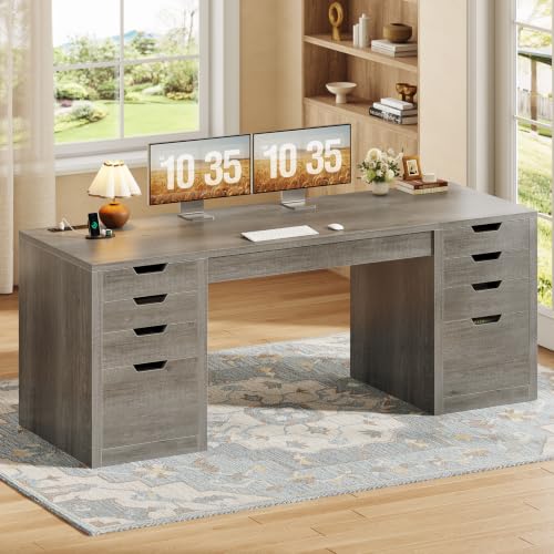SEDETA 59.1" Computer Desk with 8 Drawers & Power Outlet, Executive Home Office Desk with File Drawers, Wood Workstation with USB Type-C Charging Station, Writing Desk, Grey