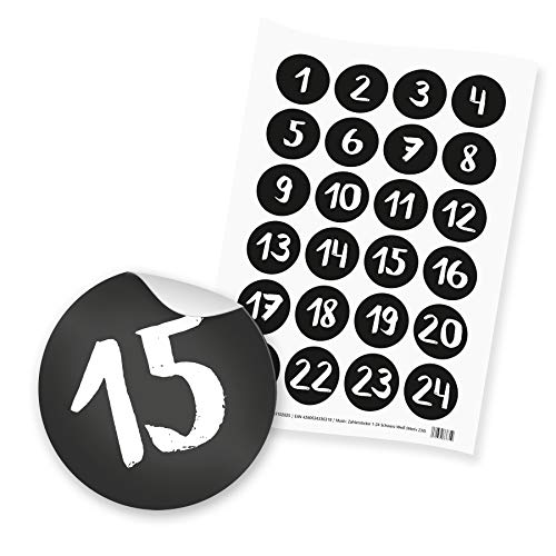 itenga 24x Sticker Zahlen Adventskalender Geschenke Aufkleber Motiv Z30 - Ziffern von 1 bis 24 Schwarz Weiß