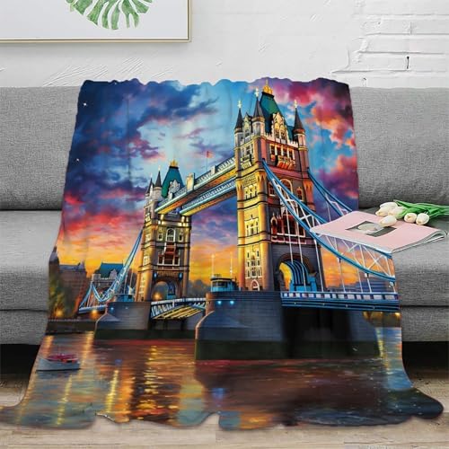 RNDPFLKM 3D Imprimé London Bridge Plaid Microfibre Respirant Literie Victorian Architecture Couverture Chaude pour Jeunes Salariés Voyageurs...