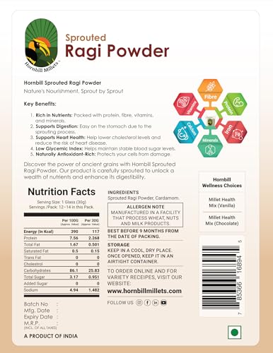 Image of HORNBILL MILLETS | Sprouted Ragi Powder, Natural Finger Millet Flour, Rich in Calcium and Protein, No Added Sugar, 400gm