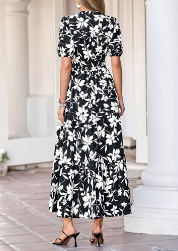 Image of PRETTYGARDEN Women's Summer Boho Floral Maxi Dresses | Bohemian Flower, Short Sleeve V Neck, Fit and Flare, A Line, Flowy Tiered, Belt Pocket, Wedding Guest, Beach Vacation Outfits