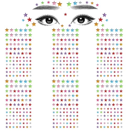 6 Hojas Piedras con Purpurina para el Rostro Estrellas Acrílicas Autoadhesivas para Mujeres Tatuajes Temporales Coloridos Piedras Preciosas Pegatinas de Diamantes de Imitación para Carnaval Festival