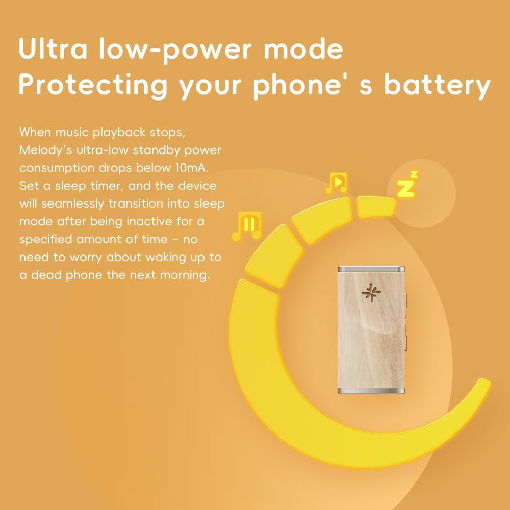 Graphic illustrating the FiiO/Snowsky Melody's ultra low-power mode and auto-sleep feature, showing battery conservation.