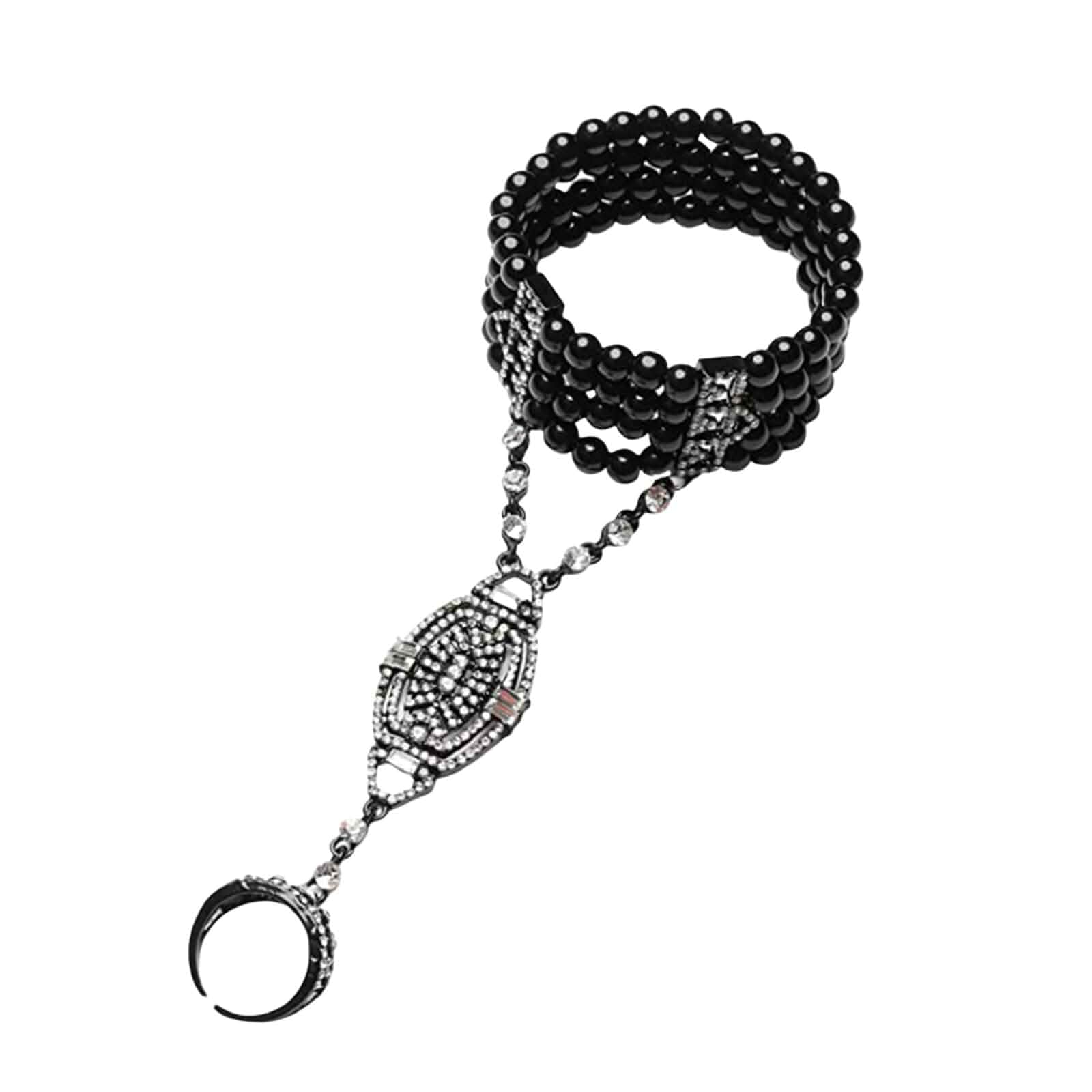Asphire Vintage Pearl Bracelet with Finger Ring 1920s Flapper Pearl Hand Harness Great Gatsby Rhinestone Slave Bracelet Prom Party Festival Accessories for Women (Black), One Size