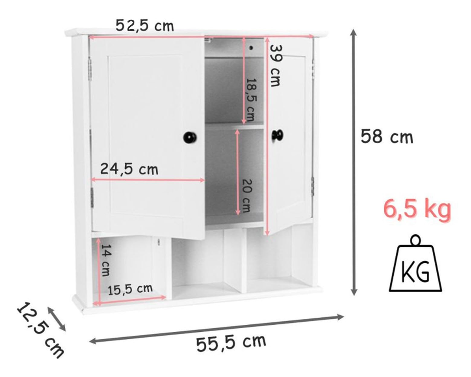 leomark Armario de Pared con 3 estantes pequeños, Gabinete Meghan Universal Blanco, Armario Multiusos - Dim: 58 cm (Alto) - Mueble de baño - Armario para salón, Cocina, Pasillo