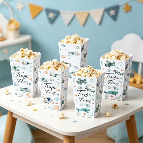 Image of 12 PCS Airplane Plane Popcorn Boxes Airplane Gift Goodie Bags Box Birthday Party Decorations Time Flies Robot Candy Boxes for 1st Birthday Baby Shower Decor