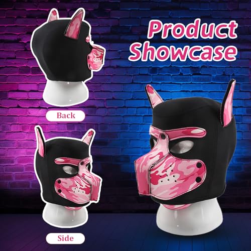 HBSFBH Hundemaske aus Leder, weiche Hundemaske mit Ohren, Ch-ien-Maske, verstellbar, aus Material, Halloween-Maske, mit Kapuze, Cosplay, für Urlaubsparty (Rosa)