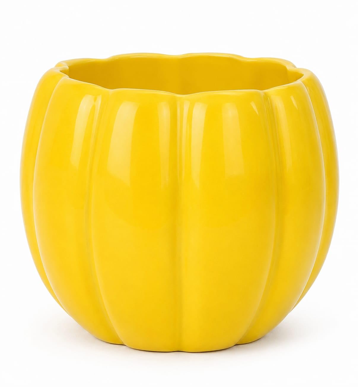 Yellow Ceramic Pumpkin Shape Flower Pot Planter | Glossy Finish, Ribbed Design, Indoor & Outdoor Use, Succulent Planter, Vibrant Yellow-image-10