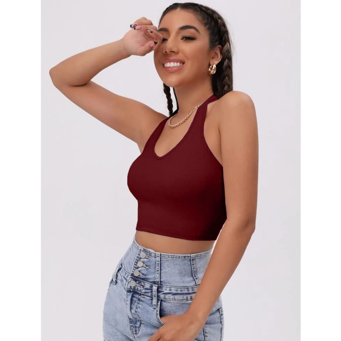 GLARE & BLAIR Ribbed Stylish Sleeveless Halter Neck Crop Tank Regular Fit Top For Women (Medium, Maroon) - Image 3 thumbnail