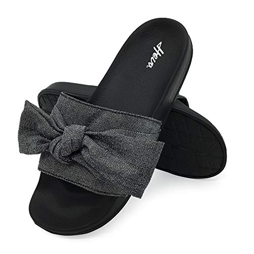 Image of FUNKYMONKEY Women's Bowknot Slides Sandals Comfort Casual Beach Slippers | Soft Denim Fabric Upper & Comfortable EVA Sole, Lightweight Slip-On Slides for Summer, Beach, Pool, and Daily Casual Wear