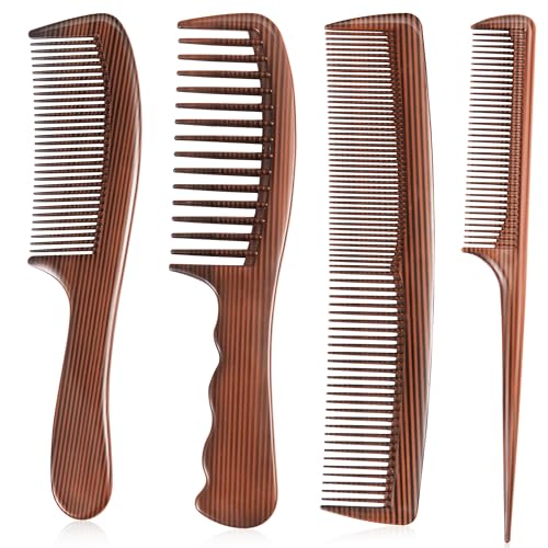4 Piece Combs with Wooden Grain,Wide tooth Comb,Rat Tail Comb,Beard Combs,Fine Tooth Professional Hair Comb Set for Women,Men Barber Styling/Curly/Teasing/Parting/Mustache