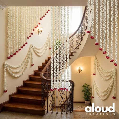 Image of ALOUD CREATIONS 6Pc Decorative Artificial Mogra (Jasmine) Flower Garlands String with Rose for Diwali, Home Decoration, Pooja Room, Wall Hanging Toran, Main Door Wedding Decor - 2.5 feet / 30 inches