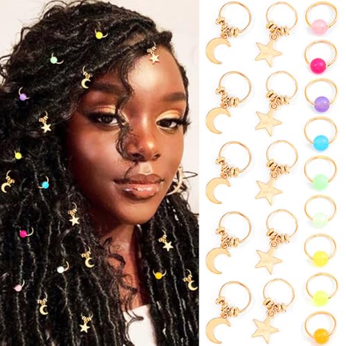 Formery Star Hair Charms Braids Gold Moon Braid Accessories African Colorful Beads Loc Jewelry for Women (19pcs) (Star & moon)