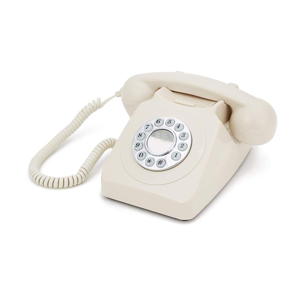 GPORetro 746 Push Button - Vintage Telephone, Nostalgic, Classic Retro Style, Curly Cord, Home, Office, Landline Phone, Traditional Bell Ring Tone - Ivory