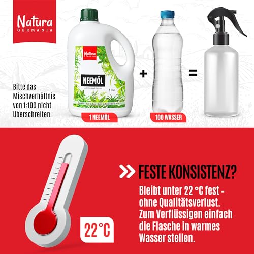 Natura Germania® Neemöl 1000ml mit Waschnußextrakt mit Sprühflasche und Messbecher - Ergibt 100 LITER sprühfertige Lösung - Neem Spray zur natürlichen Pflanzenpflege für Zimmerpflanzen/Gartenpflanzen