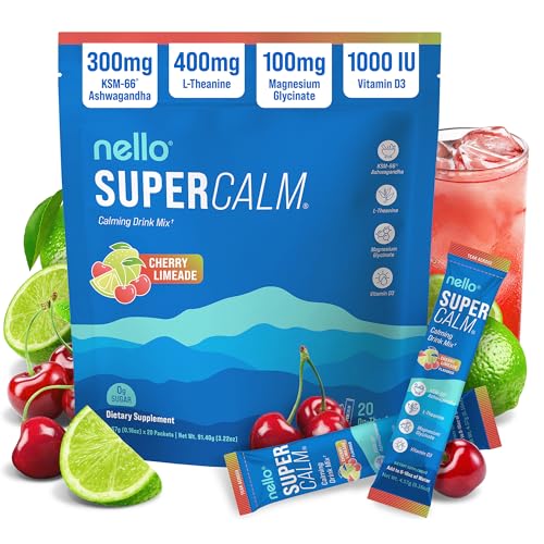 Image of Nello Supercalm Powdered Drink Mix, Cortisol Reducer* and Sleep Aid Supplement, L Theanine, Ksm-66 Ashwagandha, Magnesium Glycinate, Vitamin D 3, No Sugar, Non GMO, On The Go, 20 Ct, Cherry Limeade