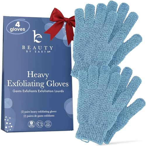 Exfoliating Glove (4 pcs, 2 Pairs) - Heavy Shower Gloves for Body Scrub, Exfoliates & Removes Dead Skin, Stocking Stuffers for Women and Men