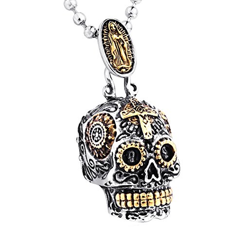 Stainless Steel Sugar Skull Pendant Necklace Gothic Skeleton Pendants for Men with 24inch Chain