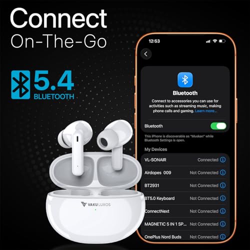 Image of Vaku Luxos SONAIR TWS Bluetooth 5.4 Earbuds | 60H Playtime | Touch Controls | Type-C Fast Charging | 10mm Driver | Voice Assistant | Deep Bass Wireless Earbuds with Charging Case- White