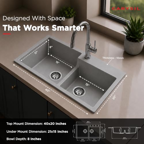 Image of Carysil TIP TOE DB ULTRA Quartz Kitchen Sink 34 x 20 x 8 inches, Single Bowl with Drain Board, 80% Quartz & 20% Resin, Heat Resistant 300C, 50kg Load, Scratch Resistant Granite Sink - Arena