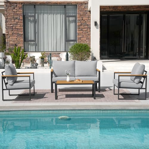 Image of Patio Furniture Set, 4 Pieces Outdoor Patio Furniture with Coffee Table Set, Metal Patio Conversation Sets with Washable and High-Resiliency Sponge Cushions, Upgarded Light Grey