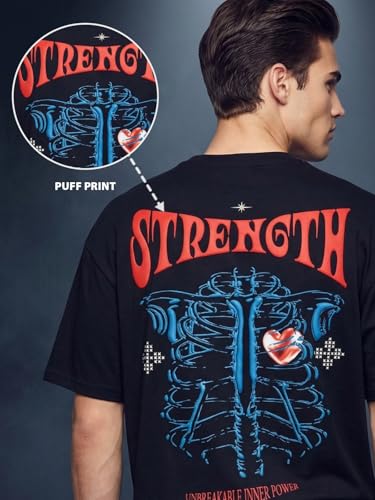 Image of Veirdo Men's Oversized T-Shirt | 240 GSM | Pure Cotton | Drop Shoulder | Round Neck | Half Sleeve Graphic Puff Print | Summer Casual Streetwear Loose Fit Tee