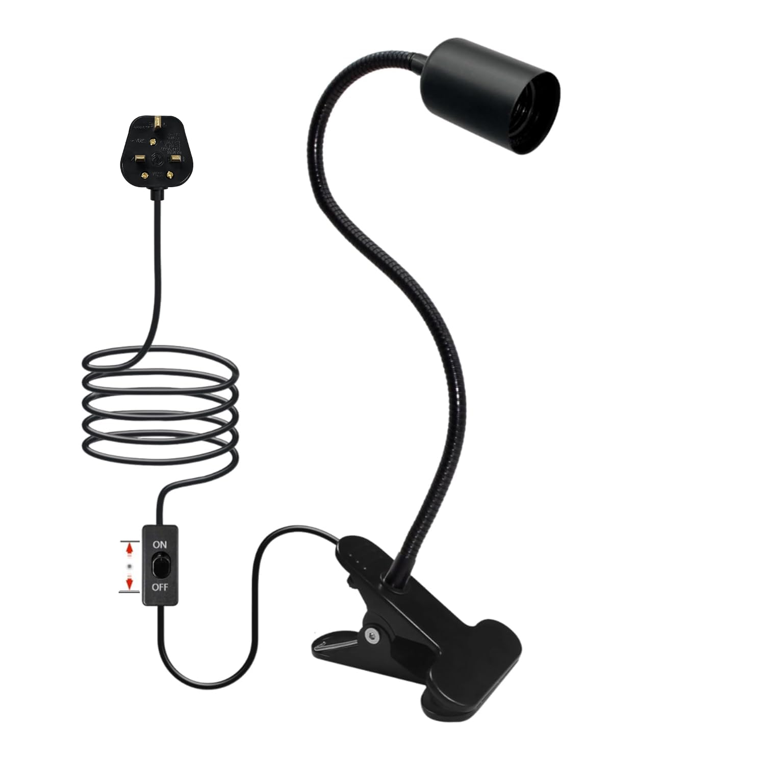 LAKONEI Clip on E27 Bulb Holder with Metal Clamp & Plug Switch, 360° Flexible Gooseneck Lamp Holder, Clamp Light for Workshop, Adjustable Stand Clip Light, Desk Shelf Rack Lighting (Black)