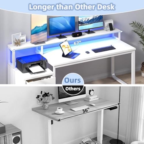 Image of MaverickFurni 67 inch White Desk with 3 Drawers and LED Lights, Reversible Computer Desk with Moniter Stand and Printer Shelf, Home Office Desk with Storage for Work Writing Study, White