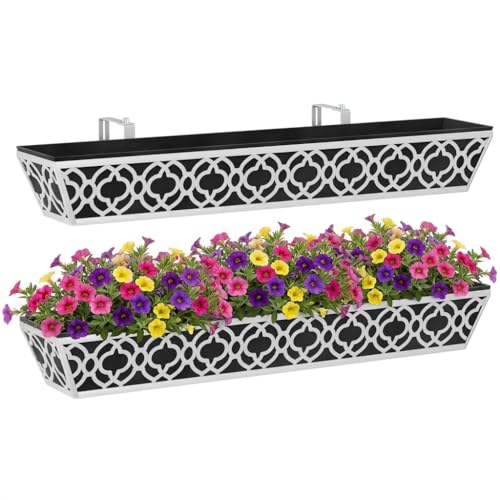 Y&M 2Pcs 36'' Railing Planter Box Set with Adjustable Brackets, Large Hanging Window Boxes for Fence, Deck, Balcony, and Garden, Gray Metal Frame with Black Nonwoven Fabric Liner by Y&M - Used condition - US$42.26
